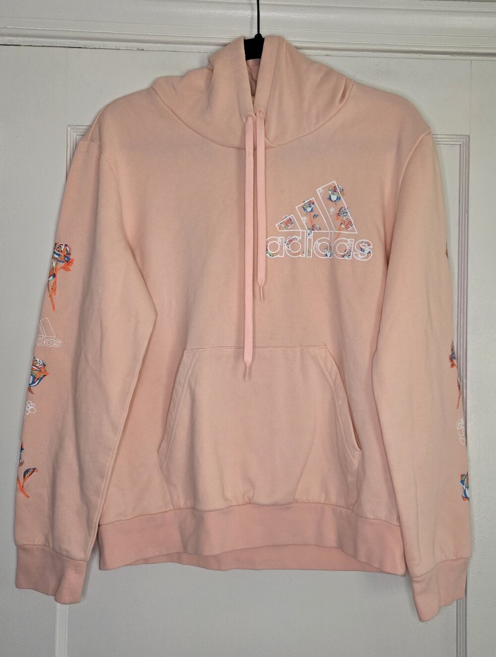 Adidas Light Pink Hoodie with Floral Logo & Floral Sleeve Detail Women's Medium